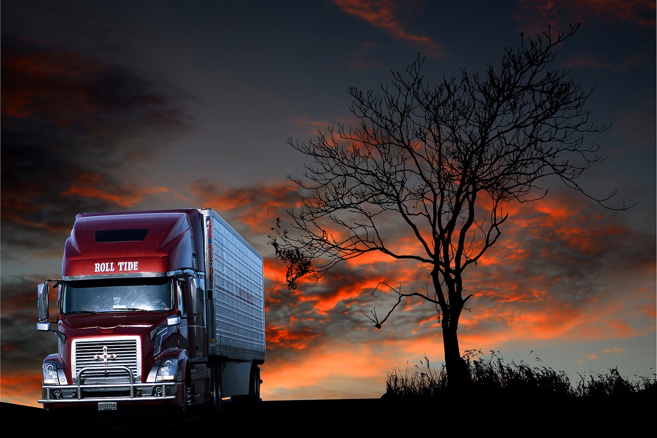 transport, sunset, truck, travel, nature, road, sky, light, landscape, dusk, clouds, truck, truck, truck, truck, truck